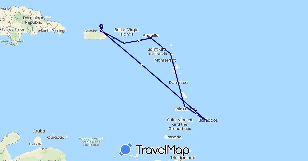 TravelMap itinerary: driving in Antigua and Barbuda, Barbados, Saint Lucia, Netherlands, United States (Europe, North America)